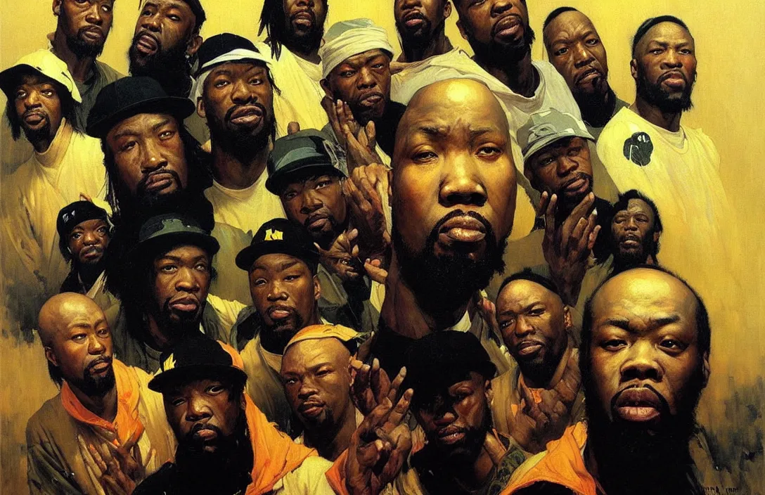 Image similar to portrait of wu - tang clan!!!!!!!!!!!!!!!!!!!!!!!!!!!, detailed face, detailed painting,, epic lighting, by ilya repin, phil hale and kent williams