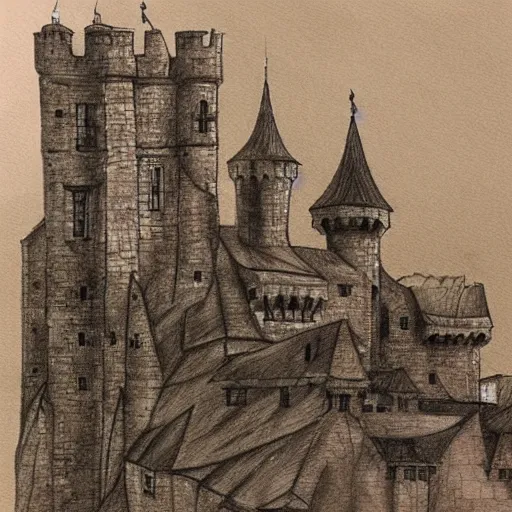 Illustration of a castle on a mountain, view from above, view from far  away, sketchbook, sketch, there is a dirt path leading towards the castle  walls, realistic concept art, pencil drawing on