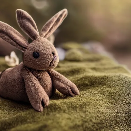 Image similar to a photo of a little brown bunny muppet plush out in nature and wearing a ninja outfit, photorealistic, photography, ambient occlusion, god rays, rtx, national geographic