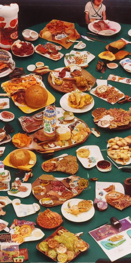 Prompt: a 70s photo of a spread of food sculptures