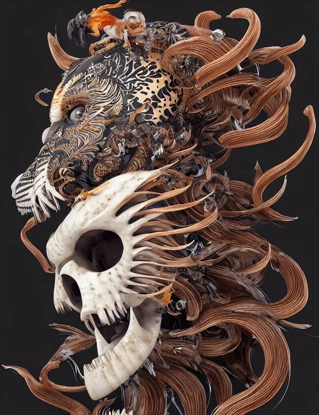 Image similar to 3 d goddess tiger skull half - turn portrait with long hair with ram skull. beautiful intricately detailed japanese crow kitsune mask and clasical japanese kimono. betta fish, jellyfish phoenix, bio luminescent, plasma, ice, water, wind, creature, artwork by tooth wu and wlop and beeple and greg rutkowski