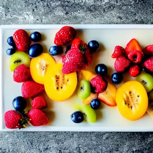 Prompt: beautiful photo of fruit pieces arranged to shape a rowing boat on a white plate, dslr