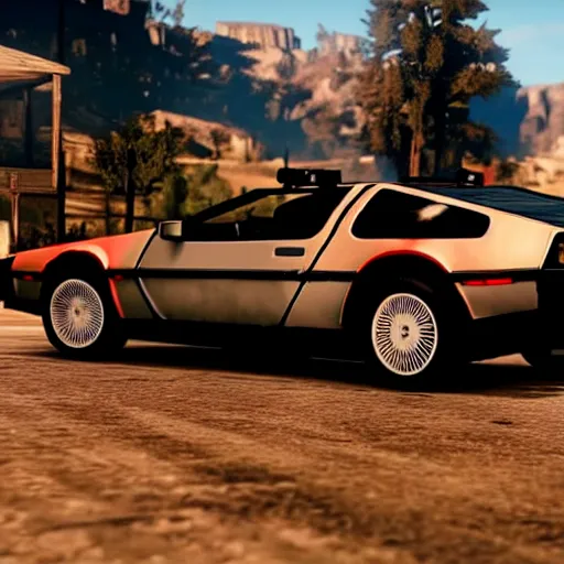 Prompt: dmc 1 2 delorean in red dead redemption 2