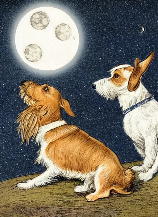 Image similar to candid portrait of jack russel dog looking up barking at the moon, night sky, highly detailed, side view, illustrated by peggy fortnum and beatrix potter and sir john tenniel