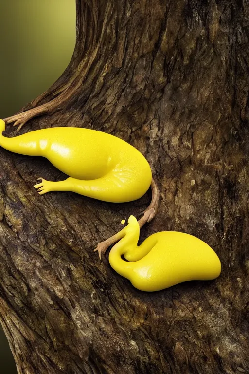 Prompt: A brilliant yellow banana slug with deer antlers, poised magnificently on a tree stump deep in a redwood forest, magical, deep woods, octane render, 8k,realism, insanely detailed, intricate, natural lighting, illustrated by TamberElla, national geographic wildlife photography, digital art, fantasy creature, realistic Trending on artstation, artstationHD, artstationHQ, 4k, 8k