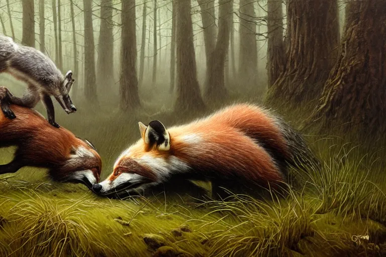 Image similar to photo, badger fights a fox, woodland location, stefan kostic and david cronenberg, realistic, sharp focus, 8 k high definition, intricate, chiaroscuro, elegant, perfect faces, symmetrical face, extremely detailed, hypnotic eyes, realistic, fantasy art, masterpiece zdzislaw beksinski, artgerm