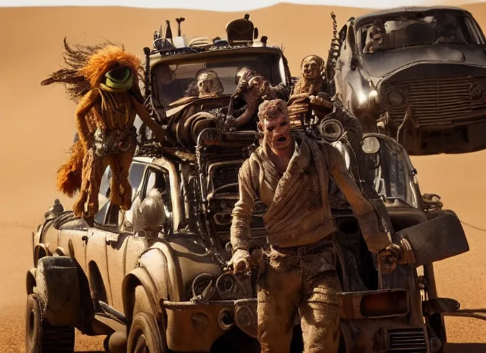 Prompt: scene from the 2015 science fiction film Muppet Mad Max: Fury Road