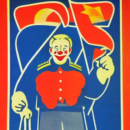 Prompt: communist clown portrait, soviet propaganda poster, vivid colors