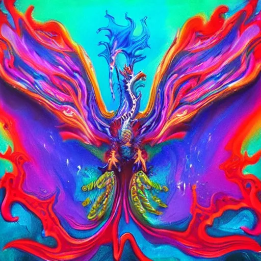 Prompt: “psychedelic pour painting with dragon that has many wings and eyes and claws, 8k, photorealistic, hyperrealism, detailed”