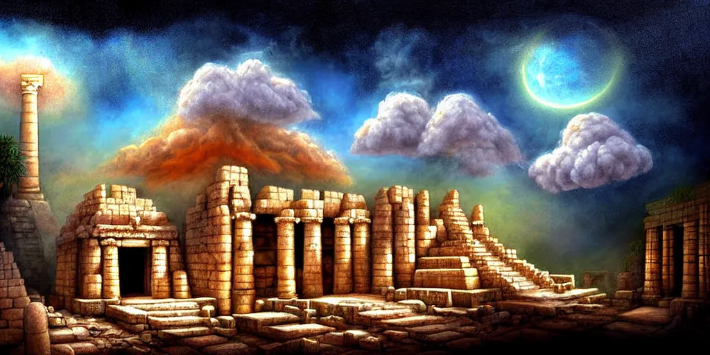 Image similar to illusion painting hidden temple in the clouds : an adorable small fox in the huge ruins of the second temple in jerusalem. a new temple hovers quietly hiding in the dreamy clouds above. a hooded bearded old man in a brown tunic laughing, colorful 8 k, art station, intricate superb details, digital art, illusion painting hidden image.