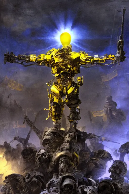 Prompt: A distant view front shot of a half cyborg soldier with a blue and yellow flag behind him while he is standing on a huge pile of human skulls in triumph after the battle, head is up, flag in hands, dark atmosphere, bright rays of light from the sky, beams of light, intricate, volumetric lighting, neon blue and yellow lights, highly detailed, smooth, artstation, concept art, сinematic lighting, insanely detailed, smooth, sharp focus, Artstation, 8k, unreal engine, hyper realistic, illuminated, bright background, moonlight, volumetric lighting, wallpaper, digital illustration by Ruan Jia and Mandy Jurgens and Artgerm and Wayne Barlowe and Greg Rutkowski and Frank Frazetta