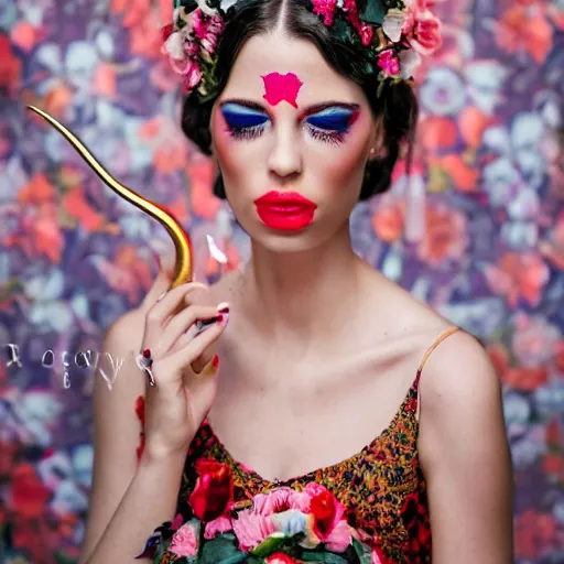 Prompt: a creative portrait of a beautiful female model, beauty shot, horn headpiece, floral painted backdrop, photography, creative makeup, female character, canon eos r 3, f / 1. 4, iso 2 0 0, 1 / 1 6 0 s, 8 k, raw, unedited, symmetrical balance, in - frame