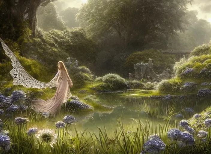 Image similar to beautiful women with wings of lace in a lord of the rings scenery landscape, pond with tall flowers, highly detailed, perfect lighting, perfect composition, 4 k, artgerm, alan lee, derek zabrocki, greg rutkowski, octane remder