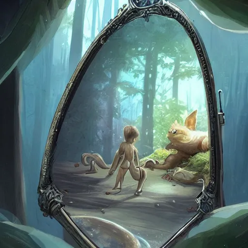 Prompt: The Mirror of Erised reflecting an extremely cute Grogu, scifi fantasy, realistic, hyperdetailed, concept art