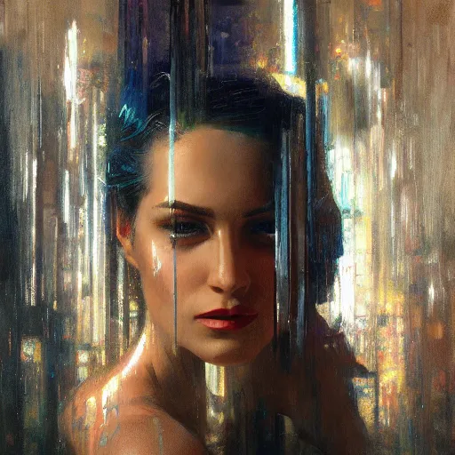 Image similar to detailed face of a woman clothed wrapped in textiles, lush, opulent, shards, utopian, tech noir, wet reflections, prism, atmospheric, ambient, pj crook, syd mead, livia prima, artgerm, greg rutkowski, nick alm, casey baugh