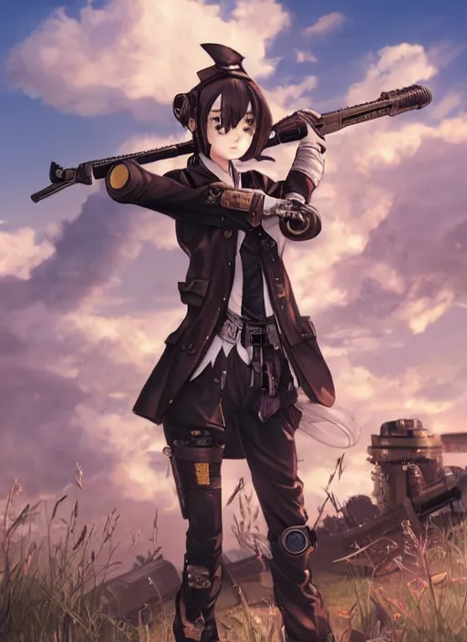 Prompt: girl with steampunk weapons and uniform, serious, finely detailed, made by wlop, artgerm, ross tran, full body portrait, illustration, grass, sunny, sky, anime, side view, perfect anime face, detailed face, zoomed out, smooth,