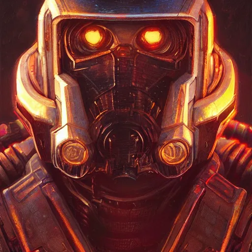 Prompt: the doomslayer with glowing armor as a realistic scifi cyberpunk knight, closeup portrait art by donato giancola and greg rutkowski, vintage retro scifi, realistic face, digital art, trending on artstation, symmetry!!!