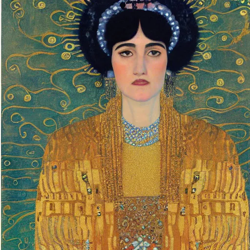 Image similar to a portrait of feminine benjamin netanyahu in gold garbs and jewels, by gustave klimt