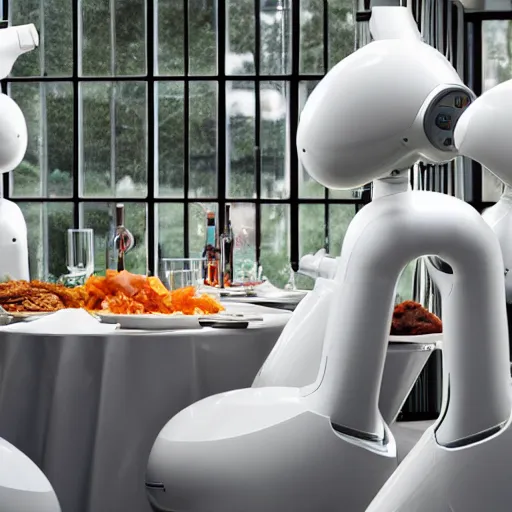 Image similar to three large white glossy kuka industrial robot arms on the floor around a dinner table full of food, the kuka industrial robot arms are wearing bow ties, they are having a dinner party inside a posh fine dining restaurant with retro modern furniture and decor, global illumination, artstation, fantasy, volumetric light