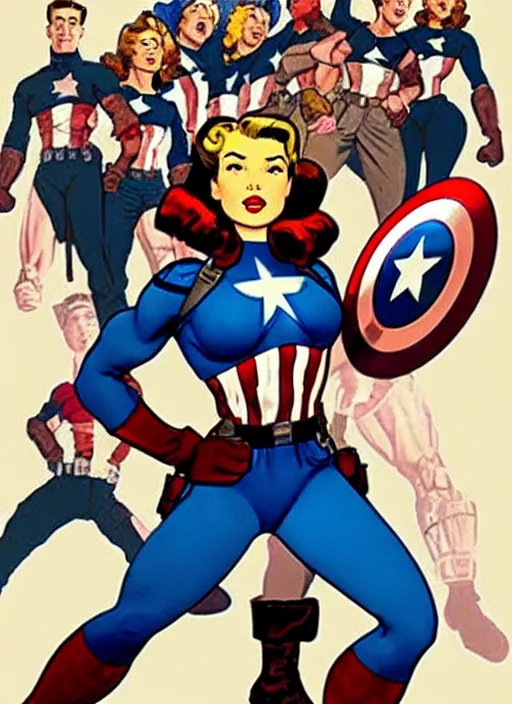 Image similar to gorgeous female captain america standing on a pile of defeated, beaten and broken ss soldiers. feminist captain america wins ww 2. american ww 2 propaganda poster by rob liefeld and pixar. gorgeous face. pin up. overwatch.