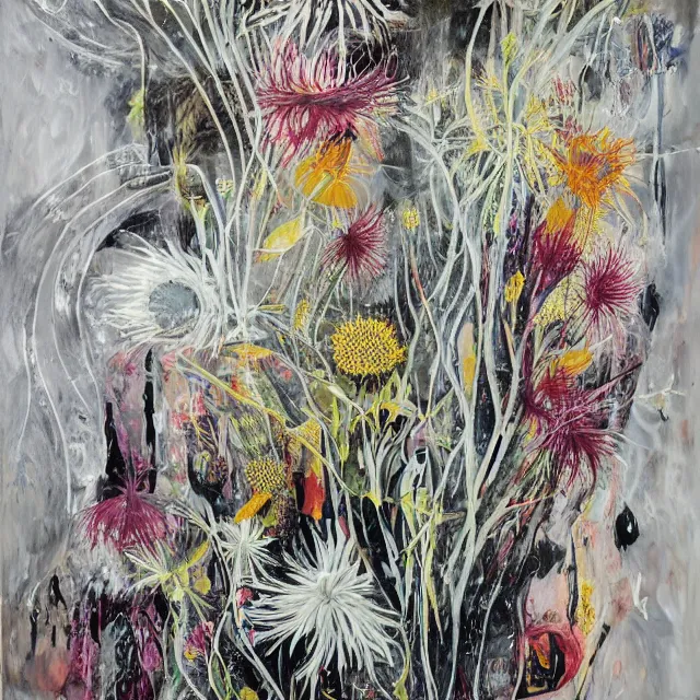 Prompt: “ a portrait in a female art student ’ s apartment, australian wildflowers, sensual, queer woman, flax, flannel flower, bottlebrush, eucalyptus, charred, bushfire, new leaves, art supplies, a candle dripping white wax, aboriginal art, berry juice drips, acrylic and spray paint and oilstick on canvas, surrealism, neoexpressionism ”