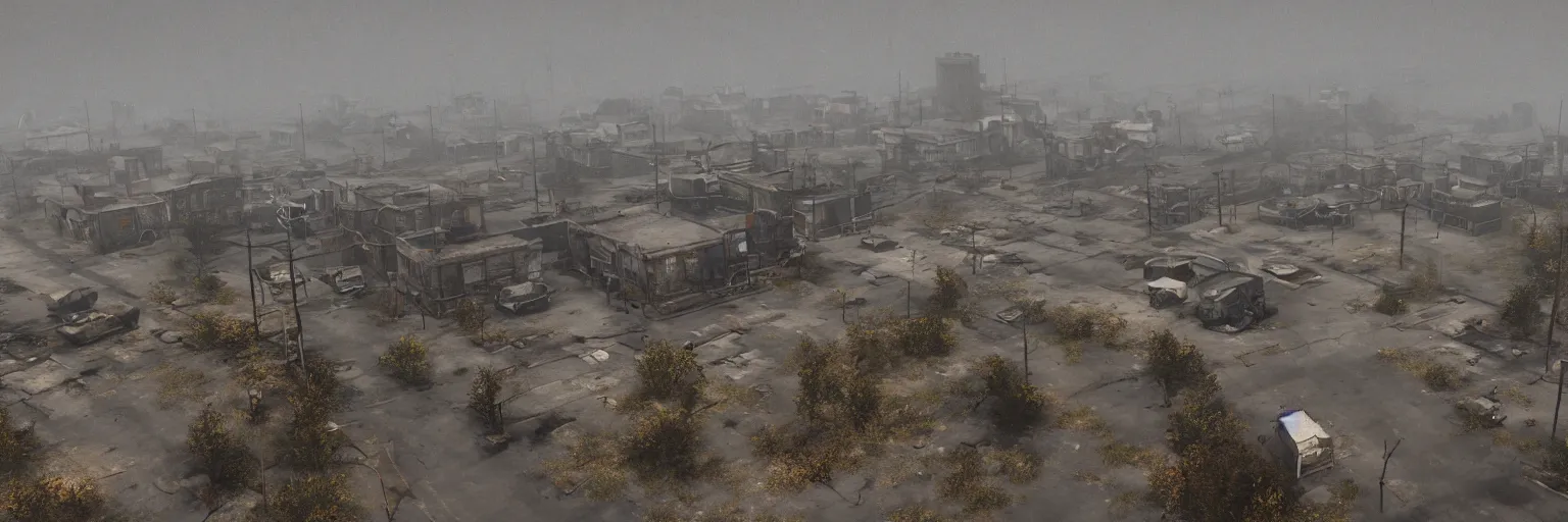 Prompt: wide angle drone shot of dilapidated silent hill in real life, desolate town, empty streets, nightmarish, some rusted retro futuristic fallout 4 style parked cars, overcast, blankets of fog pockets, rain, volumetric lighting, beautiful, daytime, autumn, sharp focus, ultra detailed, cgsociety