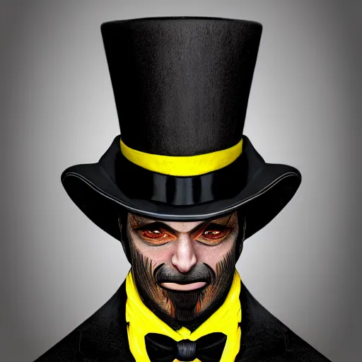 Image similar to a highly detailed portrait of a man in a high top hat covering his face, in a black tailcoat with a yellow waistcoat under the tailcoat, artstation, deviantart, professional, unreal engine 5, photorealistic