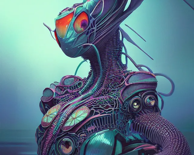 Image similar to mantis queen, intricate abstract. intricate artwork, by tooth wu, wlop, beeple, dan mumford. concept art, octane render, trending on artstation, greg rutkowski very coherent symmetrical artwork. cinematic, key art, hyper realism, high detail, octane render, 8 k, iridescent accents