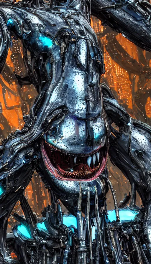 Prompt: color pentax photograph of a biomechanical orca spirit with massive teeth, made up of bits of plastic and skin and metal, covered in oil, shiny, wet, nanomaterials, metallic, cyberpunk, post apocalyptic, hyper realistic, epic angle, beautiful composition, octane render, unreal engine render, 8k, super detailed, SLICK!!