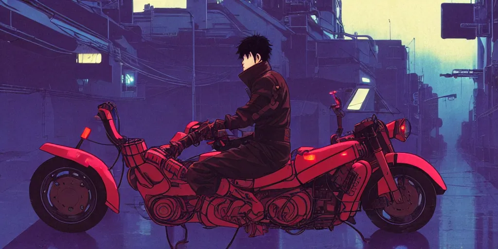 Prompt: twilight lighting, moody, atmospheric, solarpunk, kaneda and his motorcycle from akira, rainy, in the art style of neon genesis : evangelion, 8 0 s anime style, by ghibli studio and victor ngai, ghost in the shell art style, akira artstyle, pixar highly detailed, 8 k h 5 7 6
