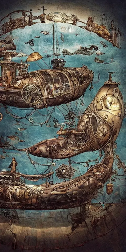 Prompt: a vintage steampunk living whale submarine by alexander jansson and where's waldo and leonardo da vinci