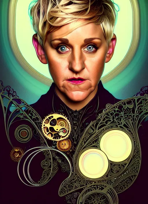 Prompt: portrait of ellen degeneres, volumetric lights, feast, music notes, art nouveau botanicals, gothic, intricate, highly detailed, digital painting, artstation, concept art, smooth, sharp focus, symmetric face, illustration, steampunk, art by artgerm and greg rutkowski and alphonse mucha