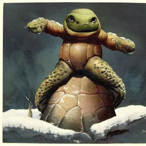 Image similar to anthropomorphic turtle humanoid in the snow wearing furs by frank frazetta