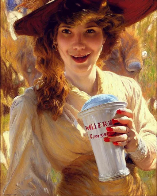 Image similar to portrait of a white female anthro wolf waitress serving milkshakes, 4 k, trending on artstation, very expressive detailed feminine face, energetic, bright colors, happy, by gaston bussiere, craig mullins, j. c. leyendecker, gustav klimt, artgerm, greg rutkowski, alphonse mucha