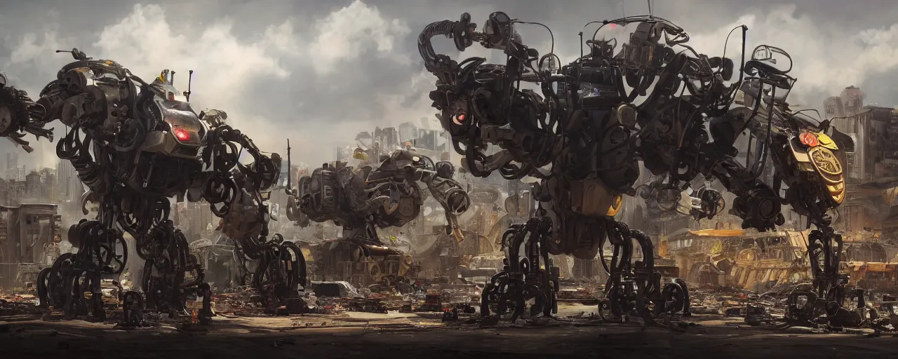 Image similar to an intricate concept art of a robot coming out of the junkyard, hyper maximalist, matte painting, ultra detail, concept art, hyper realistic, cgsociety, hyper maximalist, artstation, deviantart, style by feng zhu and dylan cole, octane render, anime style