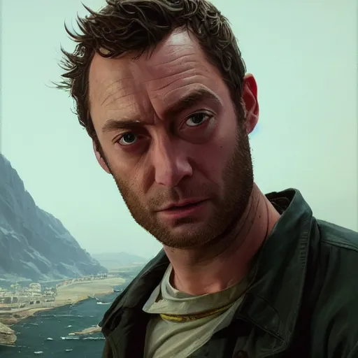 Image similar to highly detailed portrait, jude law as dombledor, in gta v, stephen bliss, unreal engine, fantasy art by greg rutkowski, loish, rhads, ferdinand knab, makoto shinkai and lois van baarle, ilya kuvshinov, rossdraws, tom bagshaw, global illumination, radiant light, detailed and intricate environment