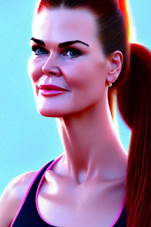 Image similar to portrait of a mix of beautiful young maria shriver, mariel hemmingway, brooke shields, nicole kidman and elle macpherson as an exercise gym girl, thin lips, hair tied up in a pony tail, colorful artstation, cgsociety