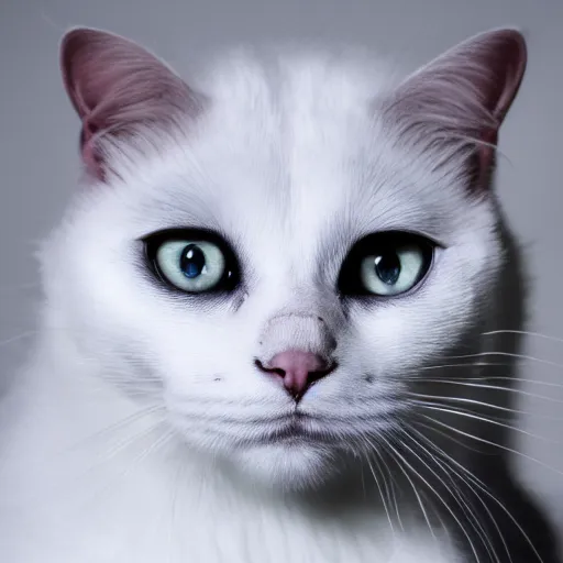 Image similar to a Nobel white cat, trending wallpaper, black background, hyper realistic