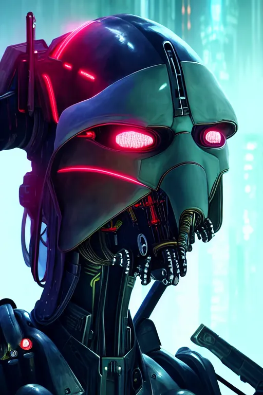 Image similar to futuristic portrait art of a cyberpunk general grievous, futuristic style general grievous, cyberpunk, game screenshot from cyberpunk 2 0 7 7