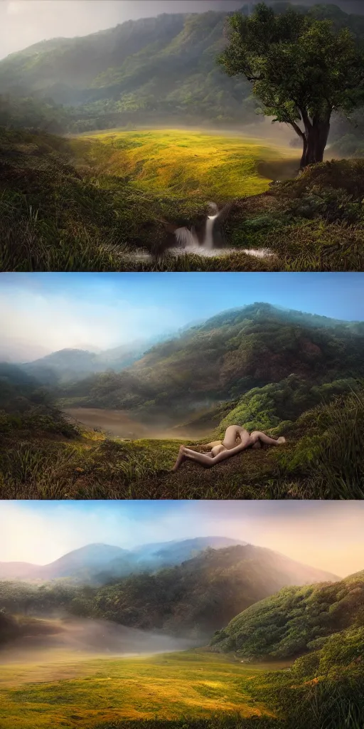 Image similar to a 3 d matte painting of rolling hills made of beautiful skin, dripping wet, landscape painting, photography, highly detailed, hyperrealistic