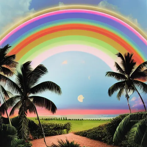 Image similar to miracle musical Hawaii part ii album cover, showing an ocean in the background, spiral transparent stairs on the left with tall palm trees behind it, a slight rainbow in the background, white outline border, moon in the right top area black and white except for the rainbow album cover