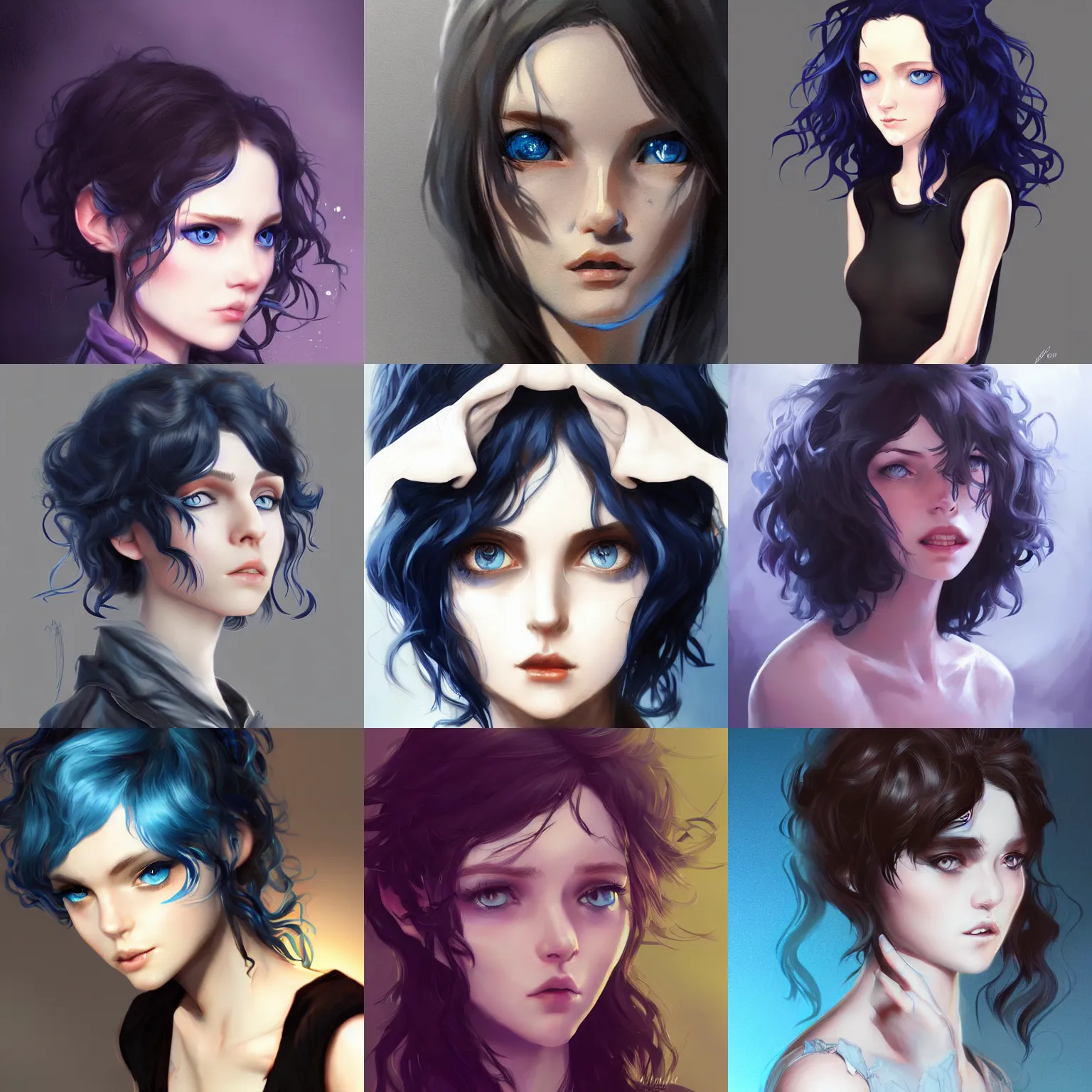 Prompt: pale girl with blue eyes and curly short black hair, concept art, digital illustration, detailed, artstation