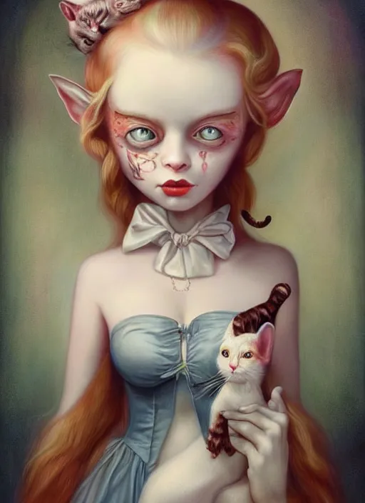 Prompt: pop surrealism, lowbrow art, realistic cute alice girl painting, holding a cat, hyper realism, muted colours, rococo, natalie shau, loreta lux, tom bagshaw, mark ryden, trevor brown style,