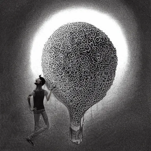 Prompt: a drawing of a person with their head in the air exploding with ideas, scribble art, digital art by daniel gelon and zdzislaw beksinski, behance contest winner, deviantart, digital art, digital illustration, pencil sketch, stipple, pop surrealism