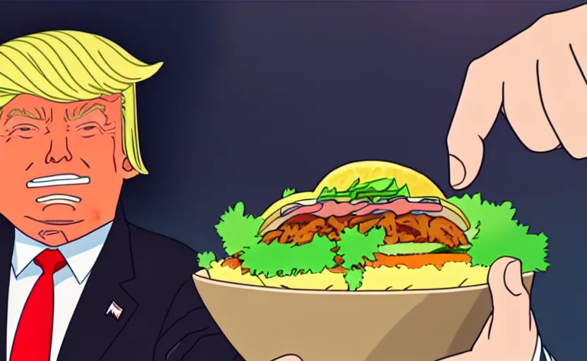 Image similar to beautiful makoto shinkai anime style digital film still portrait of donald trump giving a thumbs up behind a taco bowl, 4 k, 8 k, hd, high resolution, highly detailed, intricate detail, ultra realistic faces, digital art, trending on artstation, your name, weathering with you