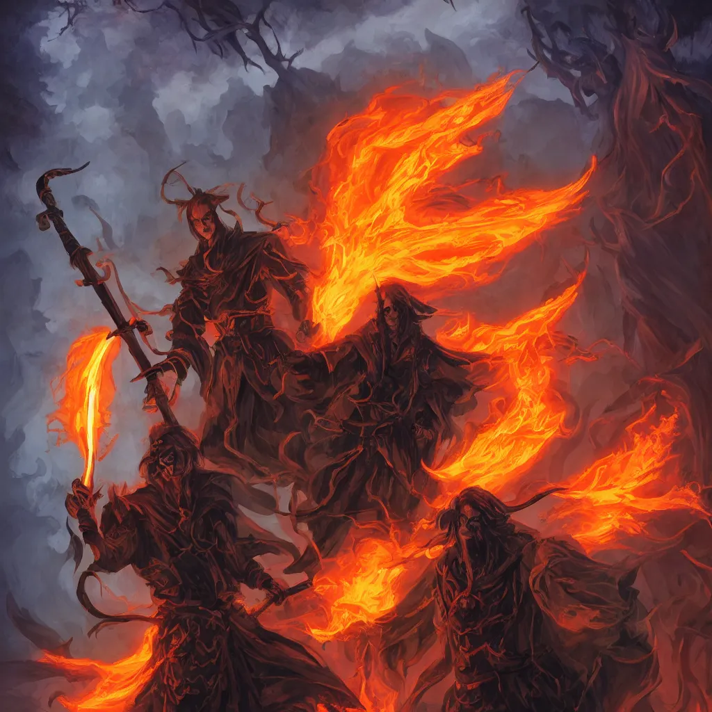 Prompt: dungeons and dragons official art, portrait of a male fire genasi wizard with pitch black skin, bright orange hair, glowing orange eyes, wearing black wizard robes, and holding a wooden staff, smoky barren landscape on the background, official print, character art