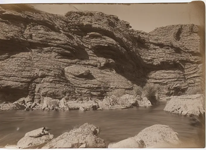 Prompt: Distant view of a huge mesa with a rocky river in the foreground, surrounded by sparse desert vegetation, rocks and boulder, albumen silver print, Smithsonian American Art Museum