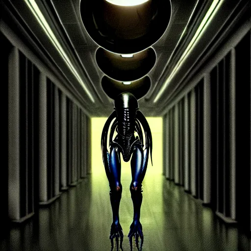 Image similar to black glossy xenomorph, alien movie, endless empty office building, pale yellow wallpaper, moist brown carpet, dim fluorescent lighting, artstation, ultra detailed, creepy, dramatic lighting, photorealistic, art by h. r. giger
