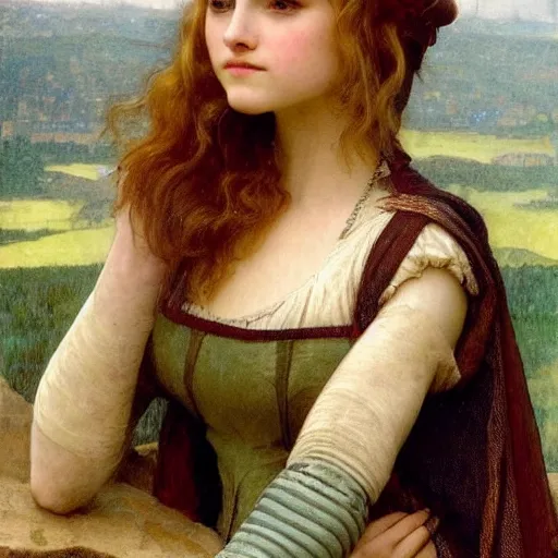 Prompt: annasophia robb in medieval armour, bowl haircut, mucha, bouguereau