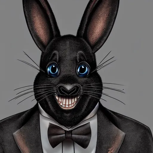 Image similar to A extremely highly detailed majestic hi-res beautiful, highly detailed head and shoulders portrait of a scary terrifying, horrifying, creepy black cartoon rabbit with a bowtie and scary big eyes, earing a shirt laughing, hey buddy, let's be friends, in the style of Walt Disney